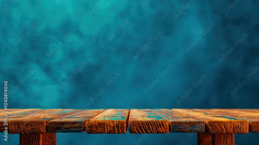 Poster a rustic wooden deck table adorned with a soft bokeh backdrop, perfect for showcasing product montag