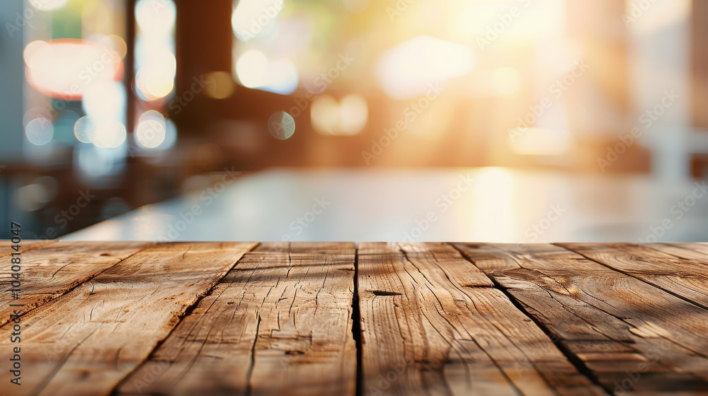 Poster an empty wooden table awaits a touch of warmth, set against a backdrop of blurred bokeh cafe lights,