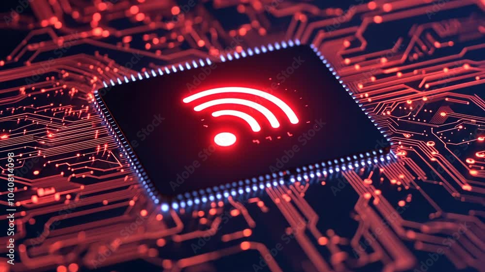 Poster a red wifi symbol glows on a circuit board, representing the power of internet connectivity