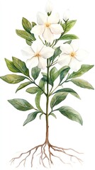 Watercolor painting of a white flower with green leaves and brown roots.