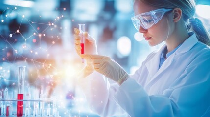 female scientist with blood collection tubes in a laboratory