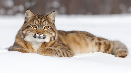 Obraz premium Bobcat resting on snow in winter landscape