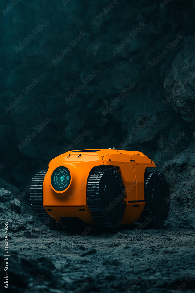 Poster exploring the depths an innovative orange robot designed for underwater exploration in rugged enviro