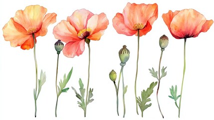 Fototapeta premium Watercolor illustration of five poppy flowers with buds in pink and orange on white background.