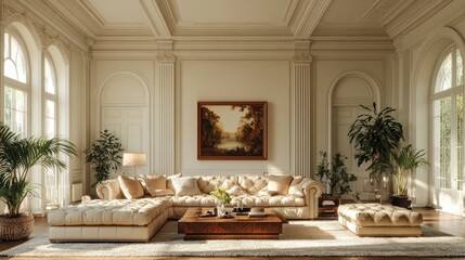 Fototapeta premium Elegant living room with natural light and lush plants.