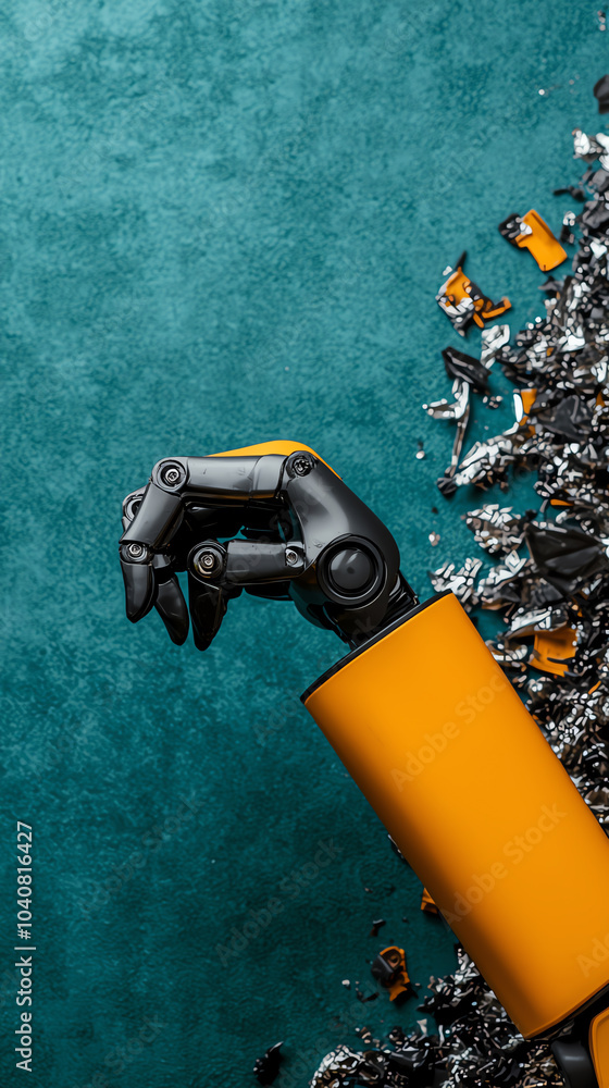 Poster exploring the future of robotics a close-up of a state-of-the-art mechanical hand amidst scraps of t