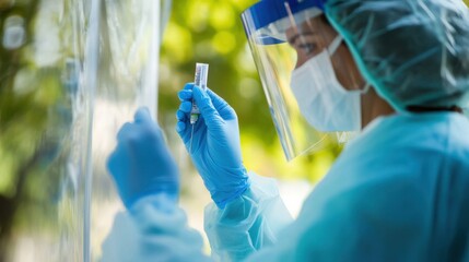 A healthcare worker performing a COVID-19 test on a patient in a testing site, with testing kits and protective gear visible, Health safety style