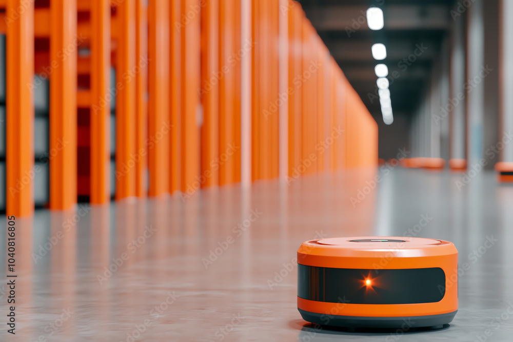 Poster innovative autonomous robot in a modern warehouse environment enhancing efficiency and productivity