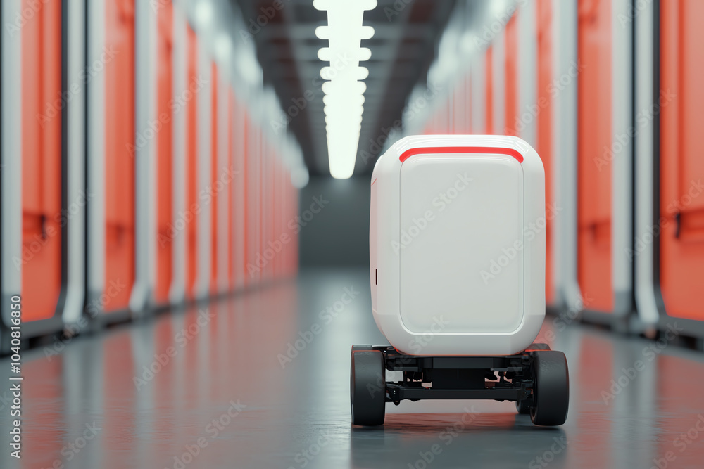 Poster autonomous delivery robot navigating a high-tech storage facility