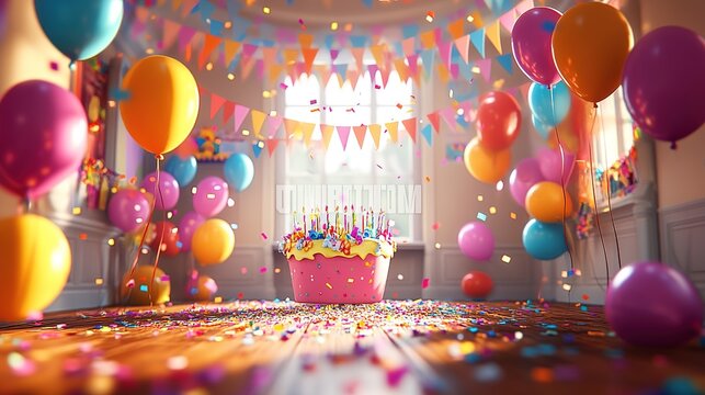 beautifully decorated birthday party scene, with colorful streamers, balloons, and festive banners creating a joyful atmosphere