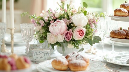 A floral centerpiece with pink peonies and other flowers in a white vase is set on a table with a stack of plates with pastries and a glass of water.