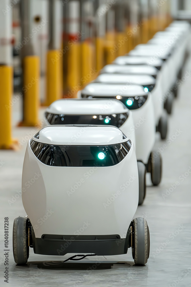 Poster a line of autonomous delivery robots in a modern warehouse environment