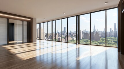 Bright and spacious modern apartment with panoramic city skyline views during daylight in an urban setting