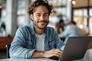 Obraz premium Smiling Male Designer Working on Laptop in Office with Coworkers in Background