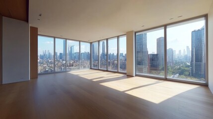 Bright modern apartment with panoramic city skyline views in daylight