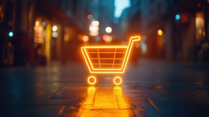 Glowing Digital Shopping Cart Icon in Urban Setting