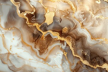 Abstract fluid art painting with brown and white alcohol ink, gold accents, and marble texture