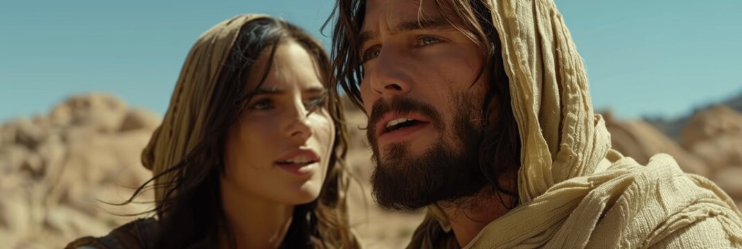 Jesus Christ and Mary Magdalene Conversation in Rock Desert, Cinematic, Photo Realistic