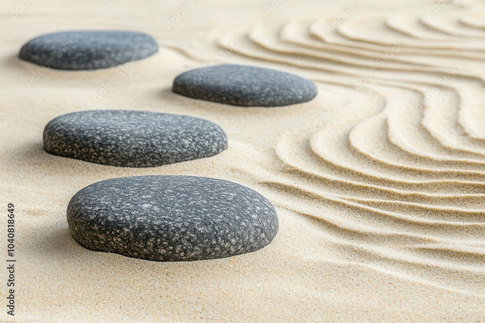 Poster smooth stones arranged on a sandy surface, creating a serene and harmonious environment with gentle 