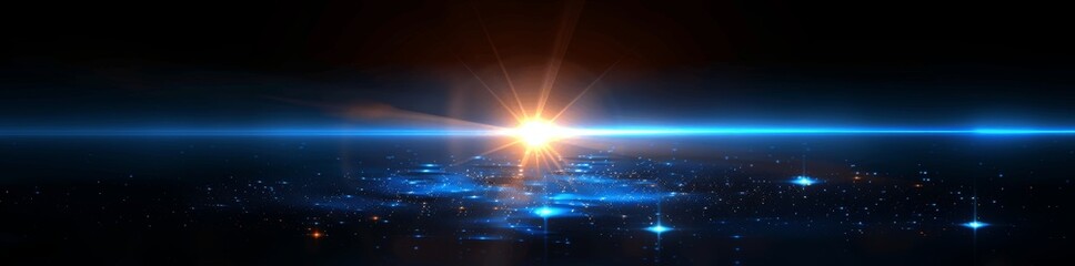 Obraz premium Blue Glowing Light Beam Lens Flare Vector Illustration Black Background High Detail Quality Light Shadow