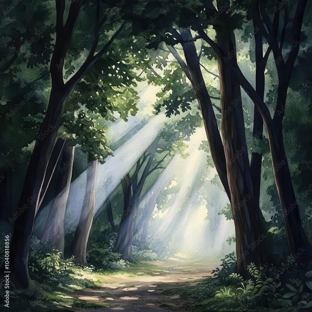Poster a mystical forest path illuminated by sunlight filtering through tall trees, creating a serene and m