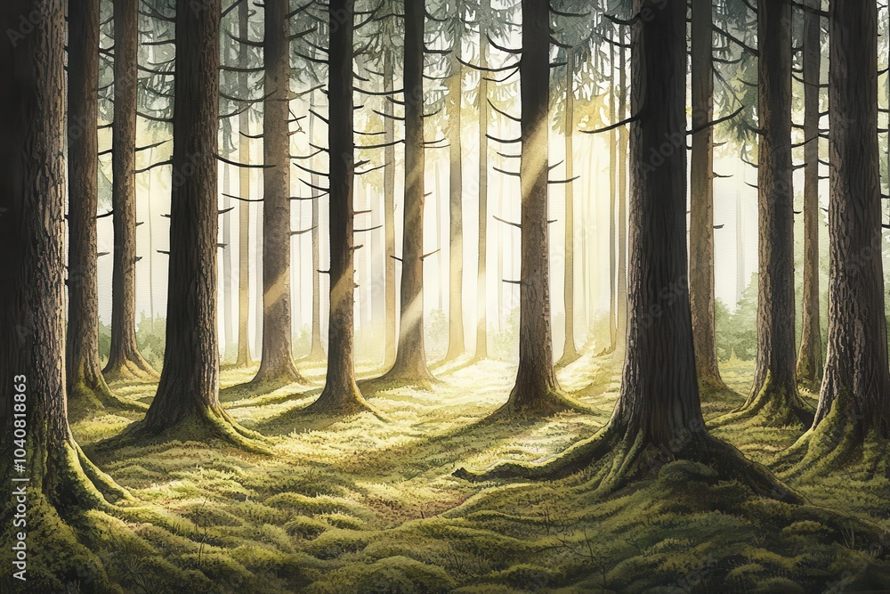 Poster a serene forest scene with sunlight filtering through tall trees, illuminating lush green moss, crea