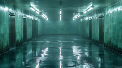 Teal and White Wet Hallway with Fluorescent Lights 3D Illustration
