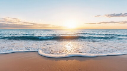 Obraz premium A serene beach scene at sunset, with gentle waves lapping the shore, creating a tranquil atmosphere filled with natural beauty.