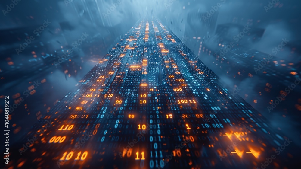 Poster AI-Driven Digital Skyscraper in Cyberspace with Binary Code and Data Highways Against Indigo Sky - 3D Futuristic Technology Concept