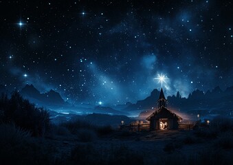 Starry Night over Bethlehem with Silhouettes of Mary, Joseph, and Baby Jesus in Manger