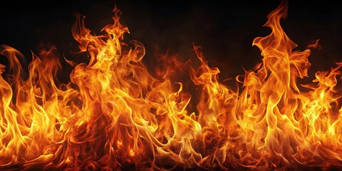 Obraz premium A fiery spectacle of dancing flames, shimmering with hues of orange, yellow, and red, illuminating the darkness with a passionate glow.