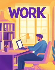 Stylish Magazine Cover: "WORK" Featuring a Man Focused on His Laptop in a Minimalist Office Environment.