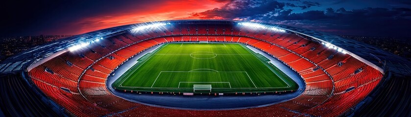 A dramatic aerial view of a vibrant soccer stadium under a sunset sky.