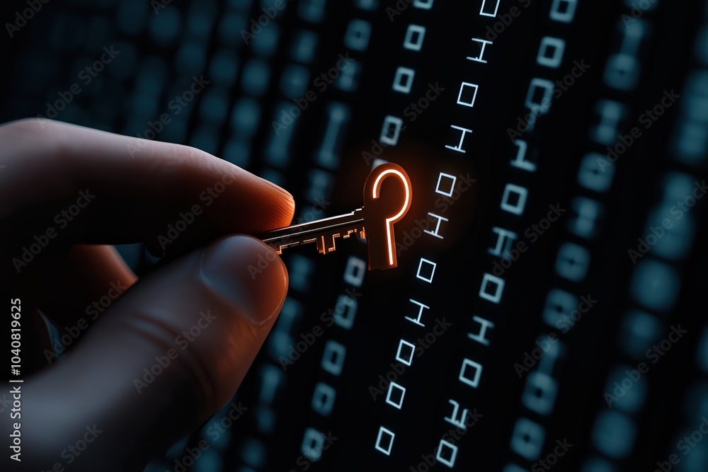 Poster a hand holding a key with a glowing keyhole against a binary code background.