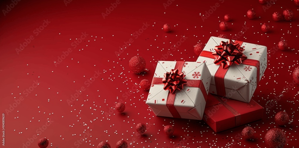 Poster 3d render of two open gift boxes on red background minimalistic concept for advertising or presentat