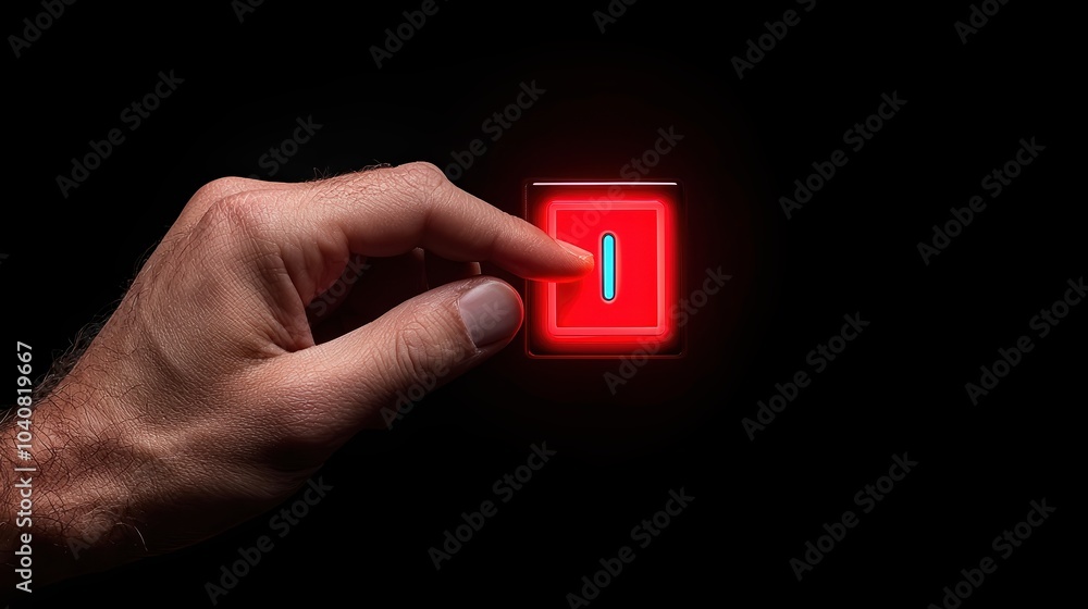 Poster a hand pressing a glowing red button against a dark background, symbolizing control and interaction.