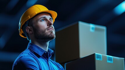 A focused male worker in a hard hat, contemplating challenges in a warehouse setting with boxes.