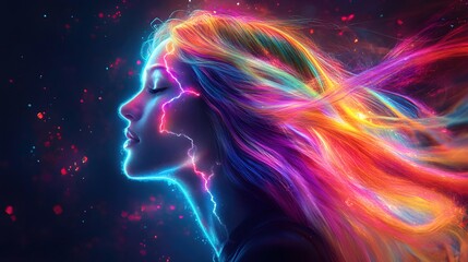 Holographic Figure with Long Multicolored Hair