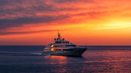 Fototapeta premium A luxurious yacht glides across tranquil waters under a vibrant sunset filled with orange and pink hues, creating a serene maritime experience