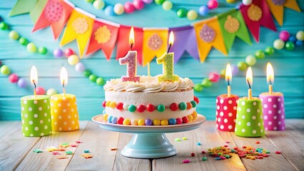 A celebratory cake adorned with colorful sprinkles, bright candles, and festive bunting, signifying a joyous occasion of growth and sweet moments.