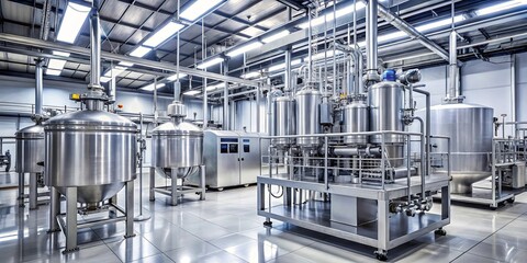A sterile, highly illuminated industrial space featuring interconnected stainless steel vats and piping, indicative of a controlled manufacturing environment.