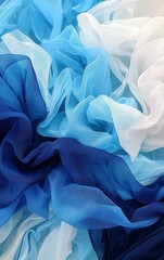 Flowing fabric in shades of blue and white, isolated background.
