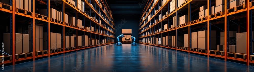 Poster automated warehouse with robotic systems efficiently handling goods in an organized storage facility