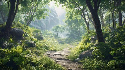 Fototapeta premium A Sunlit Path Through a Lush, Green Jungle