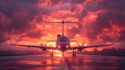 Airplane on Runway at Sunset 3D Illustration