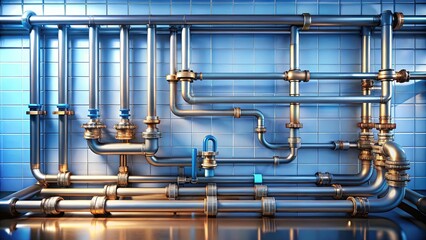 A network of metallic pipes interconnects against a tiled wall, creating a complex and symmetrical arrangement of industrial infrastructure.