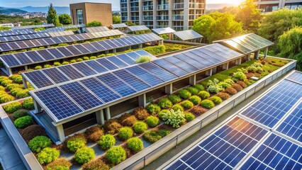 Fototapeta premium A Rooftop Oasis of Sustainable Energy, Adorned with Lush Greenery and Rows of Solar Panels