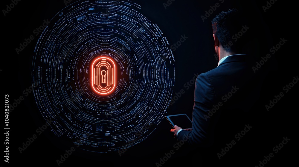 Aufkleber businessman analyzing digital security interface with locks and data symbols, dark background.