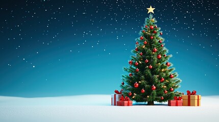 Christmas tree with decorations and gifts on a snow-covered ground under a starry night sky.