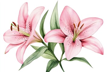 Two delicate pink lilies with green leaves, painted in watercolor style, isolated on a white background.